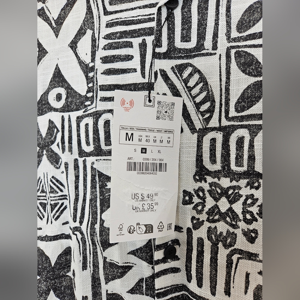 New Zara Men's Geometric Print Shirt Black White 0399/064 - Picture 5 of 9